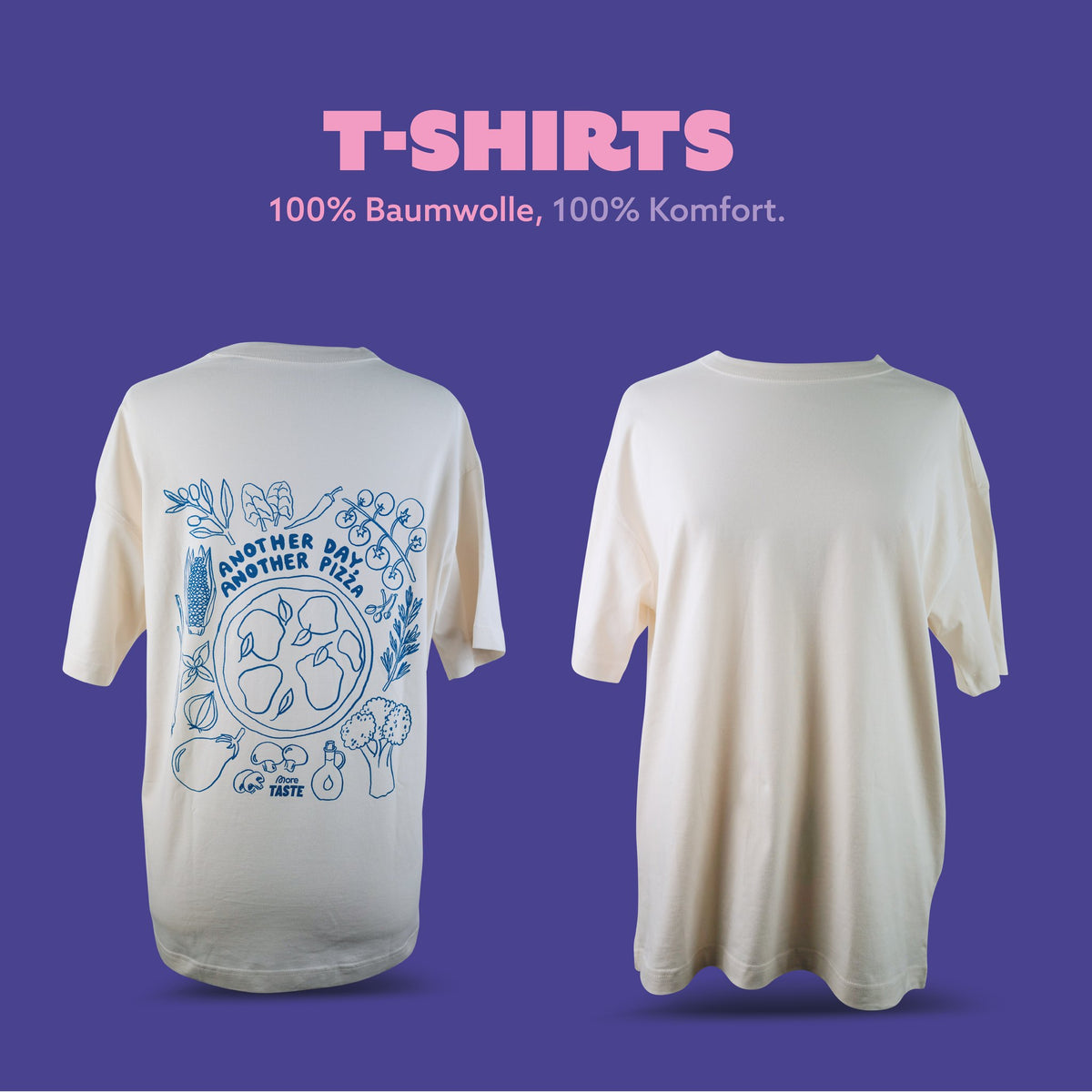 More Taste Shirt in Off-White, Rueckseite mit blauem Print und Vorderseite nebeneinander
