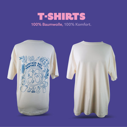 More Taste Shirt in Off-White, Rueckseite mit blauem Print und Vorderseite nebeneinander